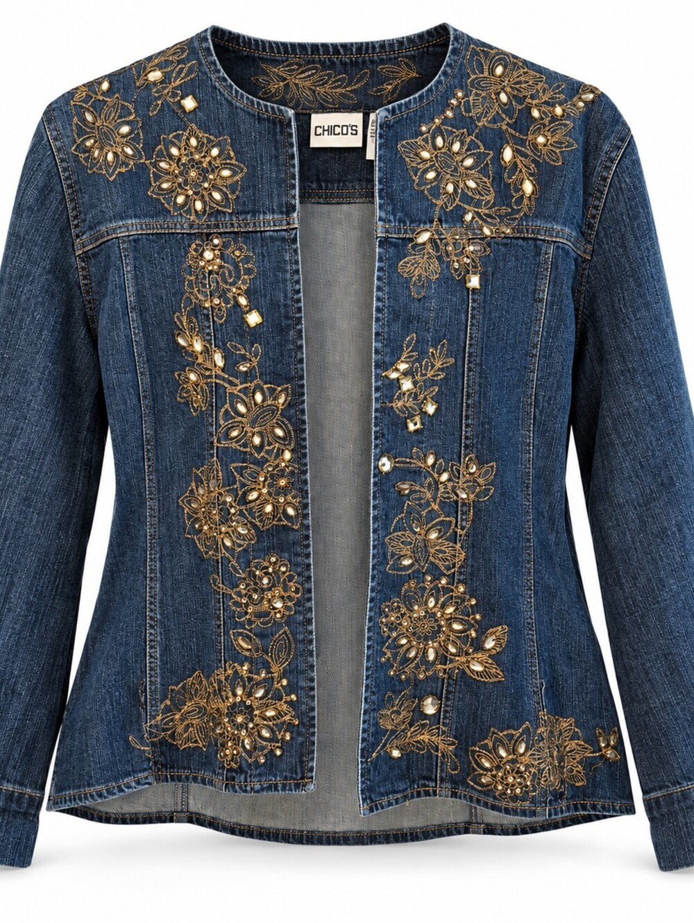 Y2K Bling Embroidered Denim Jacket Rhinestone Western Floral Art to Wear L